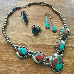 Faux turquoise necklace, earrings, and ring set. Made in Mexico, signed.